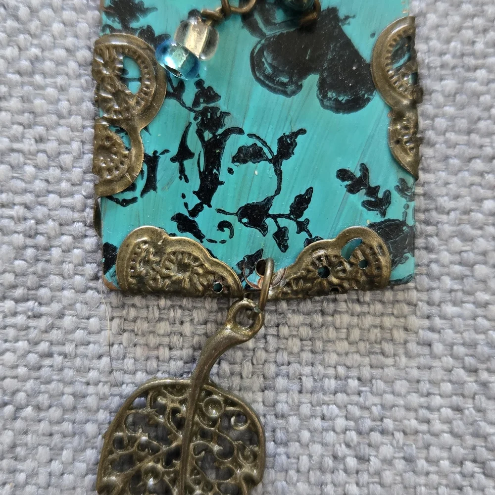 Brass-Tone Chain Necklace with Teal Floral Square Pendant